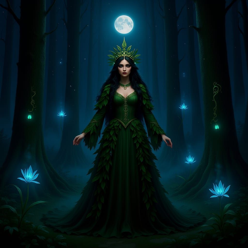 Forest Queen in Moonlit Grove, Fantasy Realism