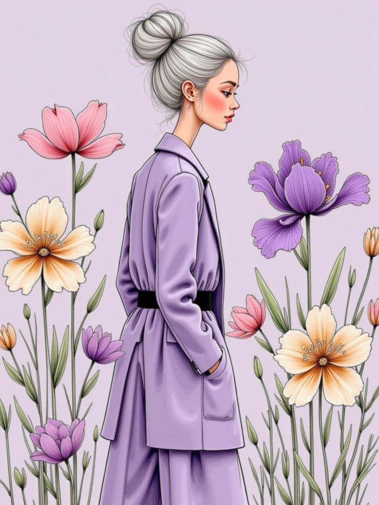 Elegant Woman Among Giant Blooms in Surreal 8K Illustration