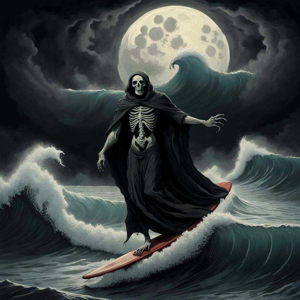 Grim Reaper Surfing a Wave in Moonlight