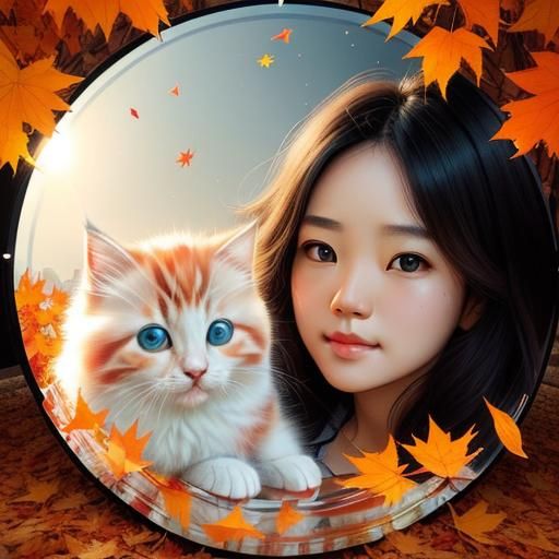 Cute Kitten Playing in Autumn Leaves