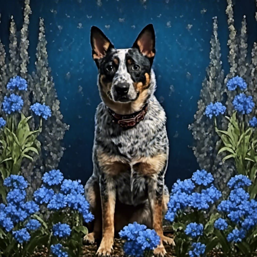 Steampunk Cattle Dog in Blue Flowers: Digital Painting