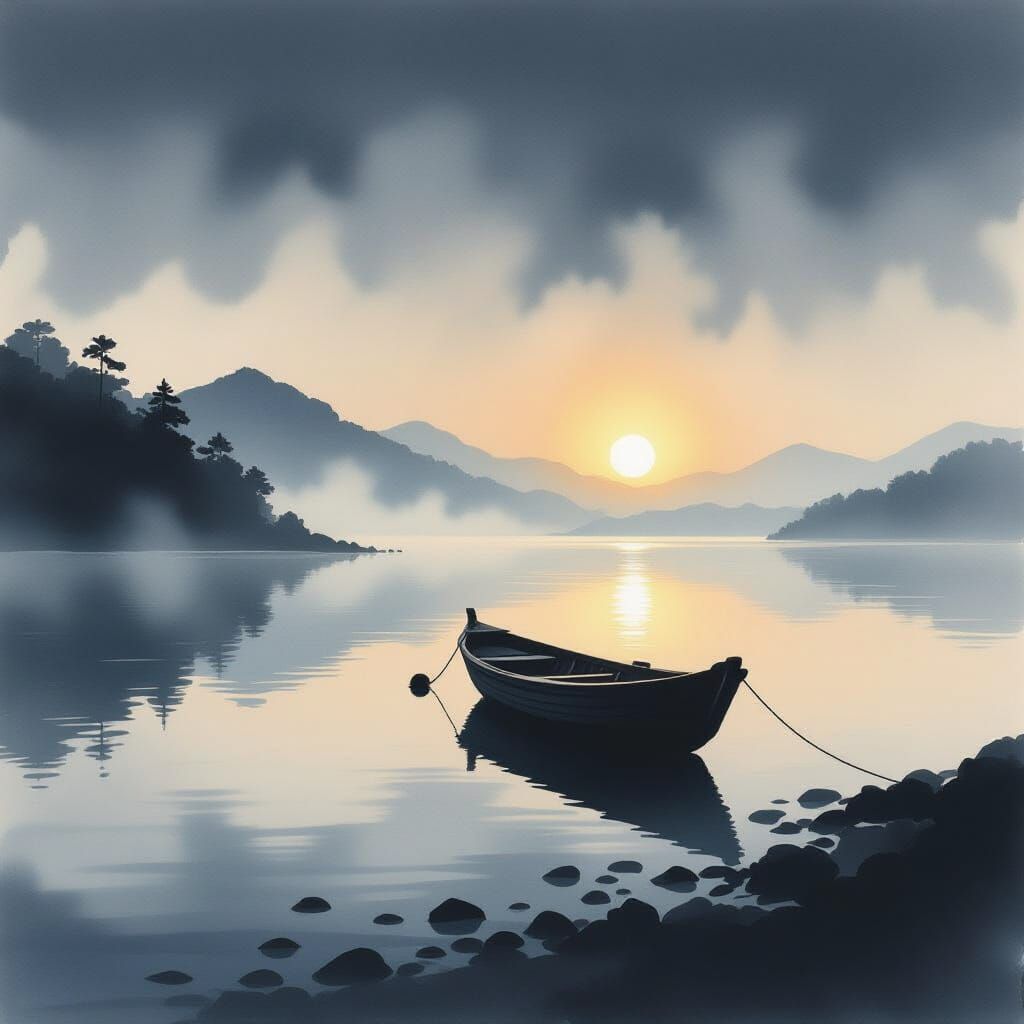 Serene Sea Vista at Dawn with Lone Boat