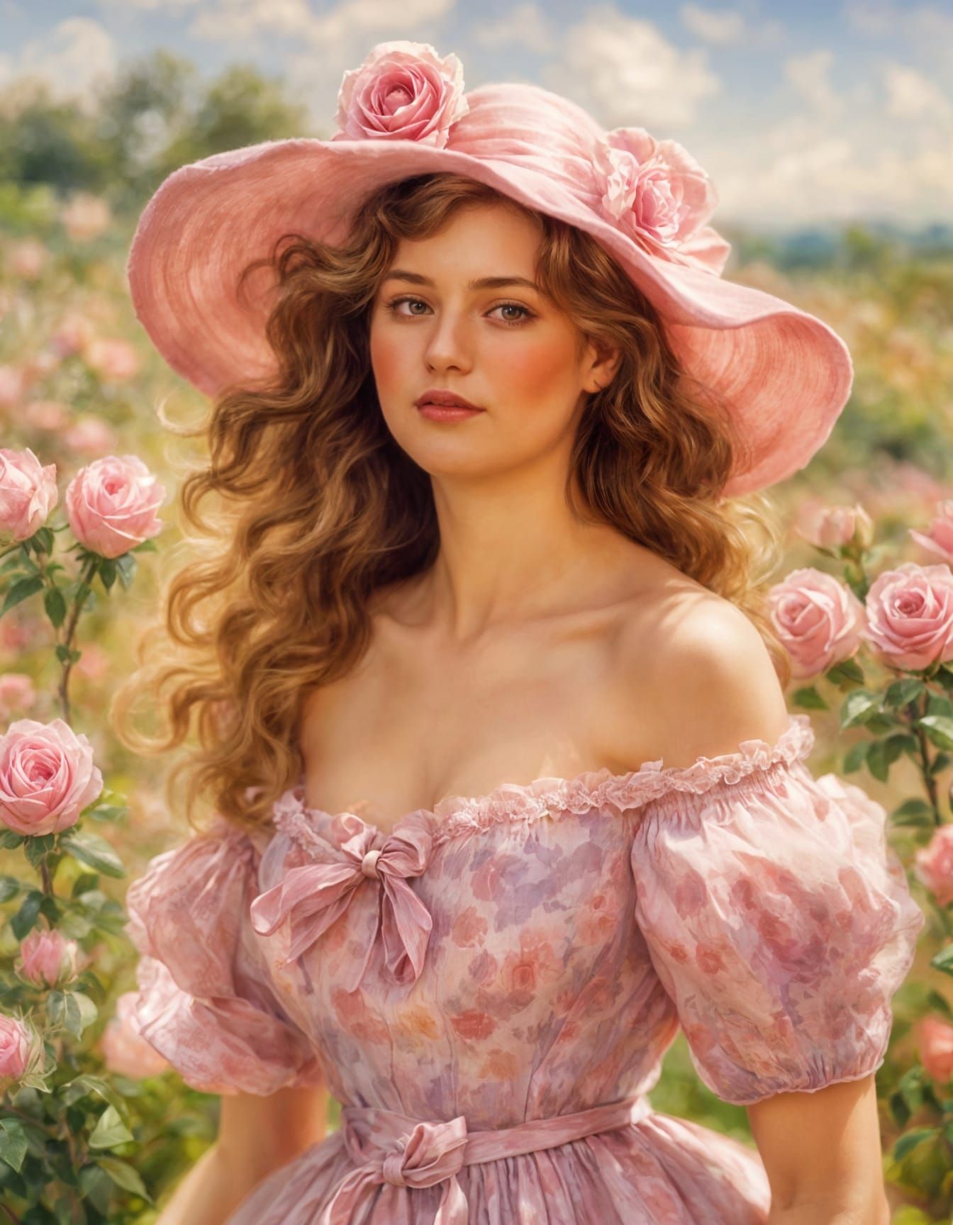 Whimsical Pink Impressionist Scene with Beautiful Woman in M...