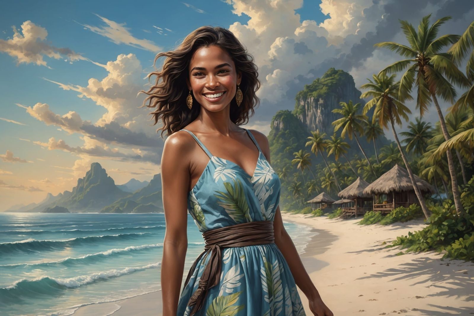 Tropical Island Woman in Maximalist Digital Matte Painting