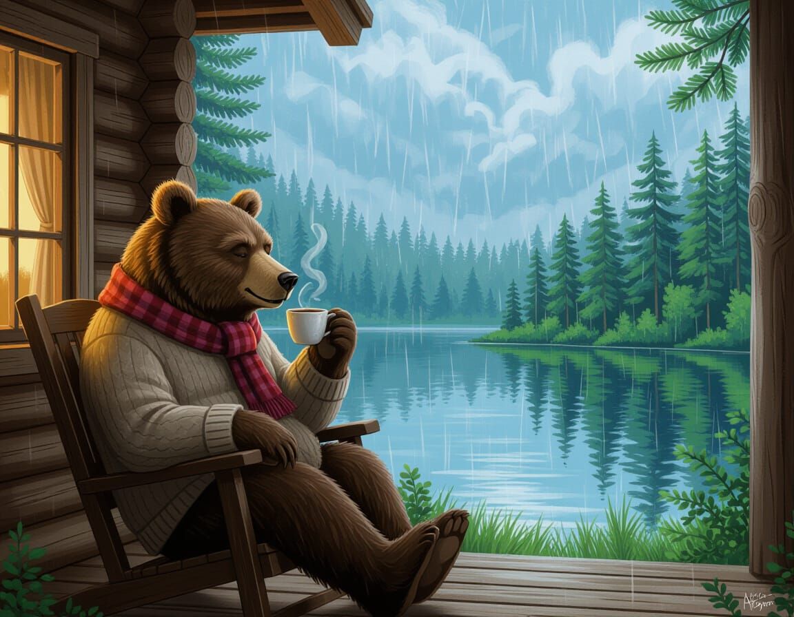 Cozy Bear Watching Summer Rain: Digital Painting