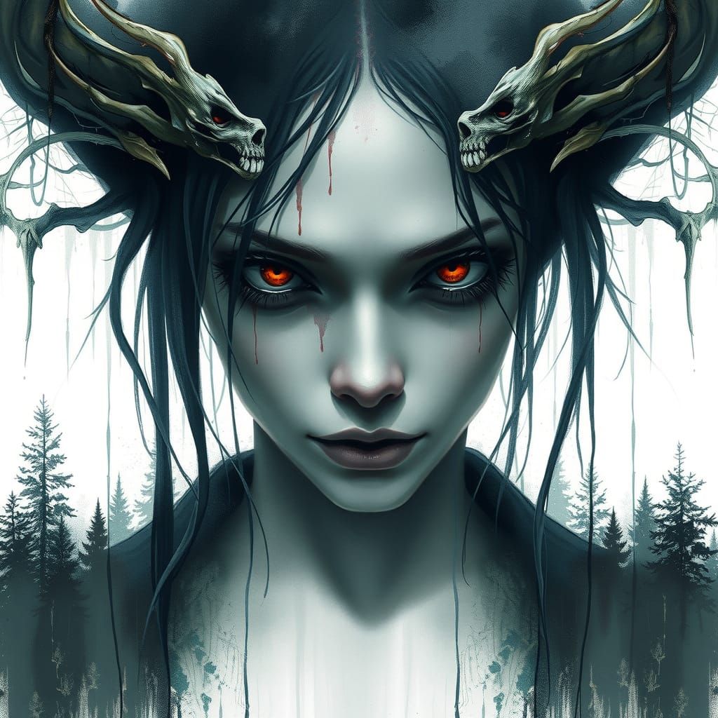 Faun Portrait in Wet Brush Style With Eldritch Forest Overla...