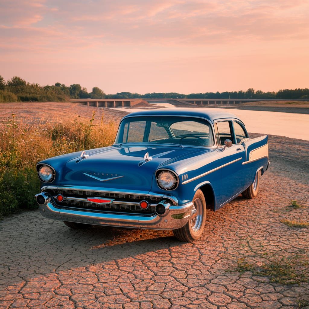 Classic Chevrolet Car Beside Dried-Up Riverbed Under Warm Go...