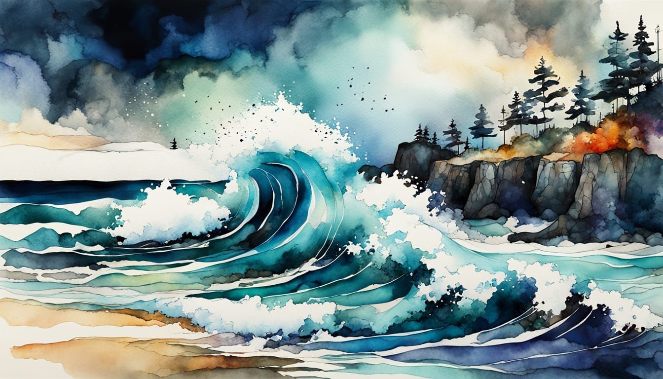 Waves Crashing on Beach in Watercolor Style