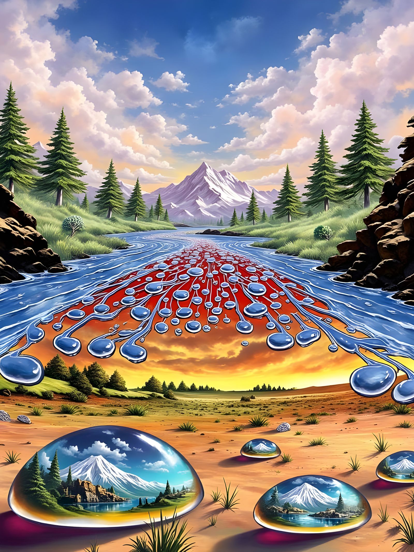 Surreal Desert with Musical River and Portal Waterdrops
