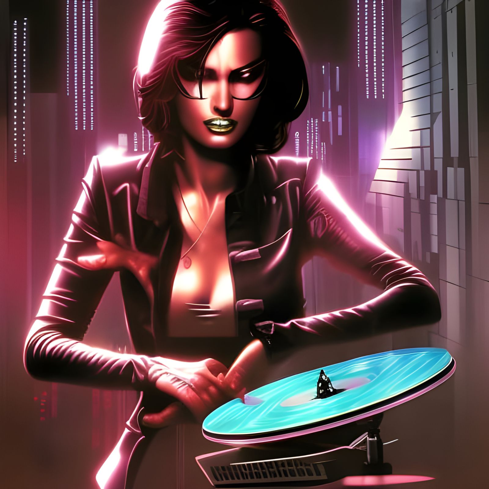 Burning Turntables with Dancing Women in Cyberpunk Style