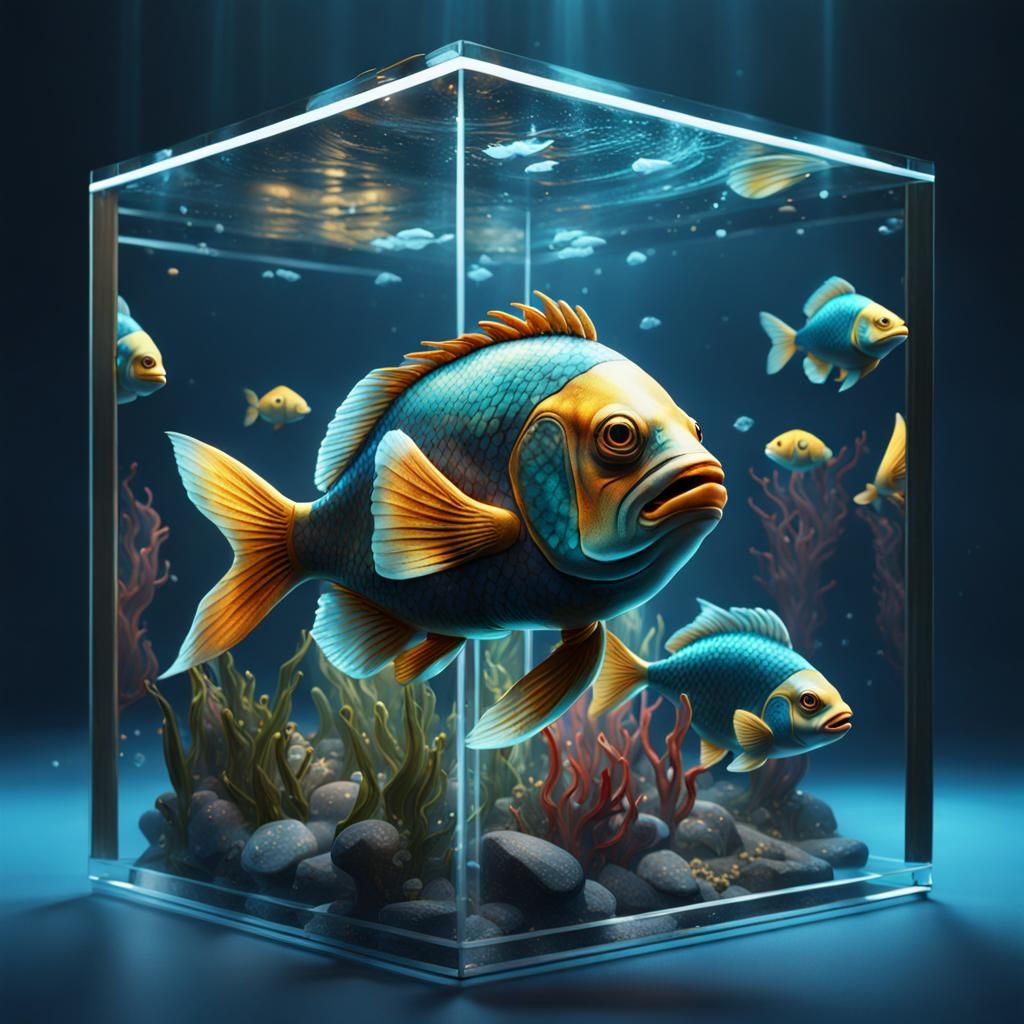 Fish People in Glass Cube: Detailed Matte Painting