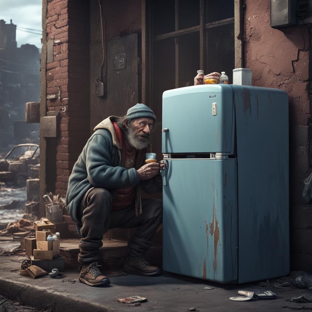 Homeless Man and Fridge: Detailed Matte Painting