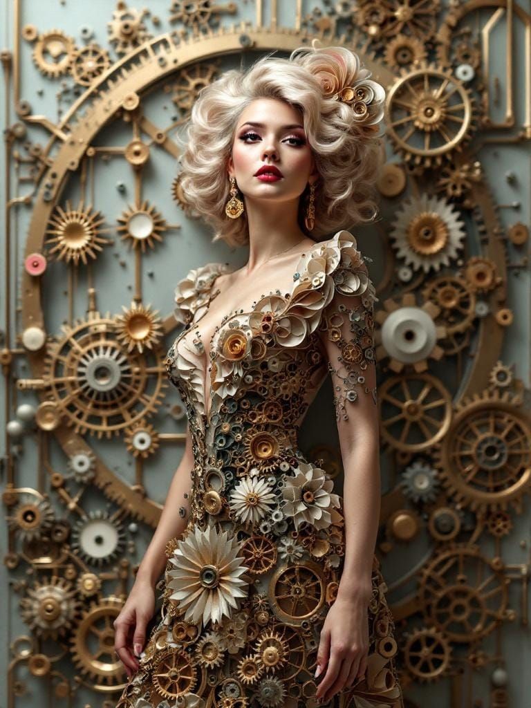 Brass Toned Pin-Up Woman in Retro-Futuristic Papercraft