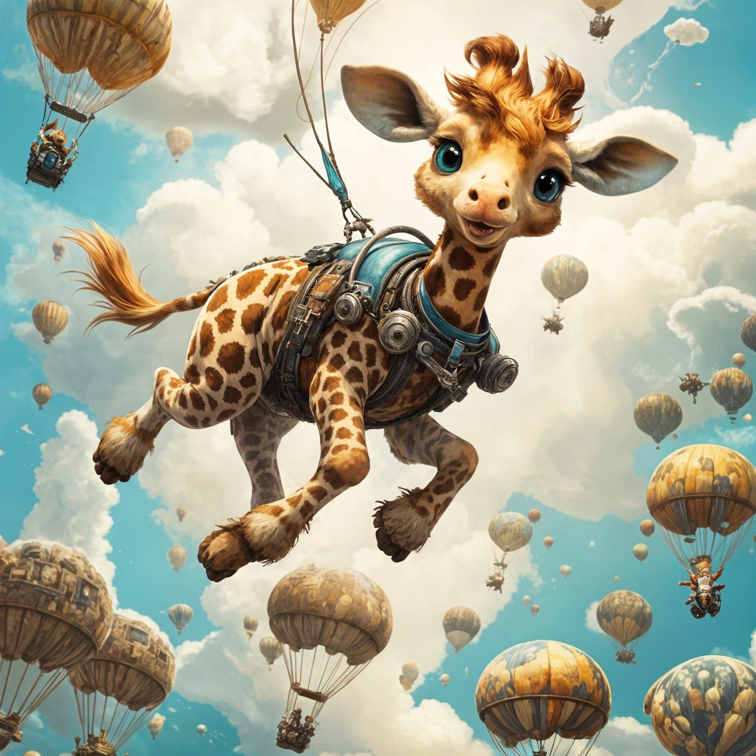 Cute Chibi Giraffe Skydiving: Fantasycore Digital Art