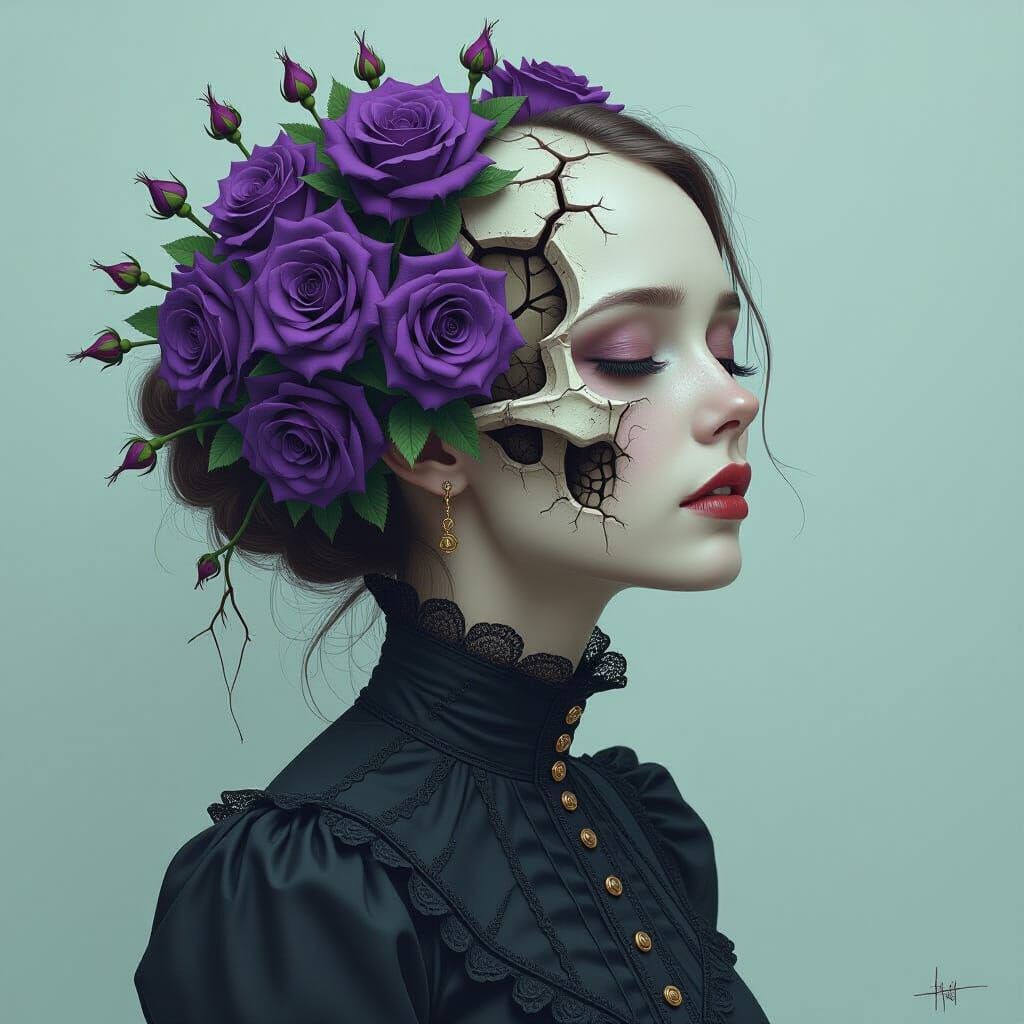 Broken Woman with Roses in Dreamlike Style