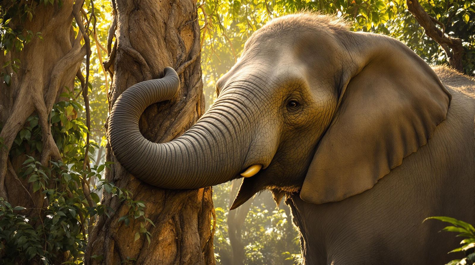 Realistic Elephant Portrait with Jungle Tree Trunk