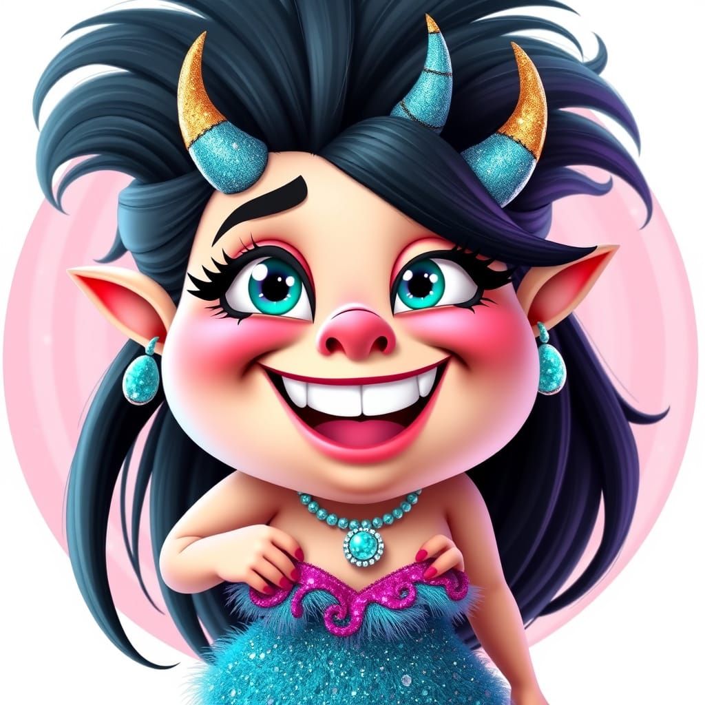 Neon Turquoise Eyed Cartoon Monster Girl with Glittery Horns...