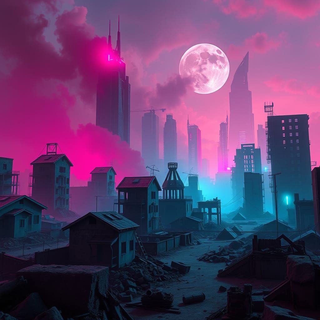 Synthwave Neon Cityscape: Post-Atomic Urban Ruins