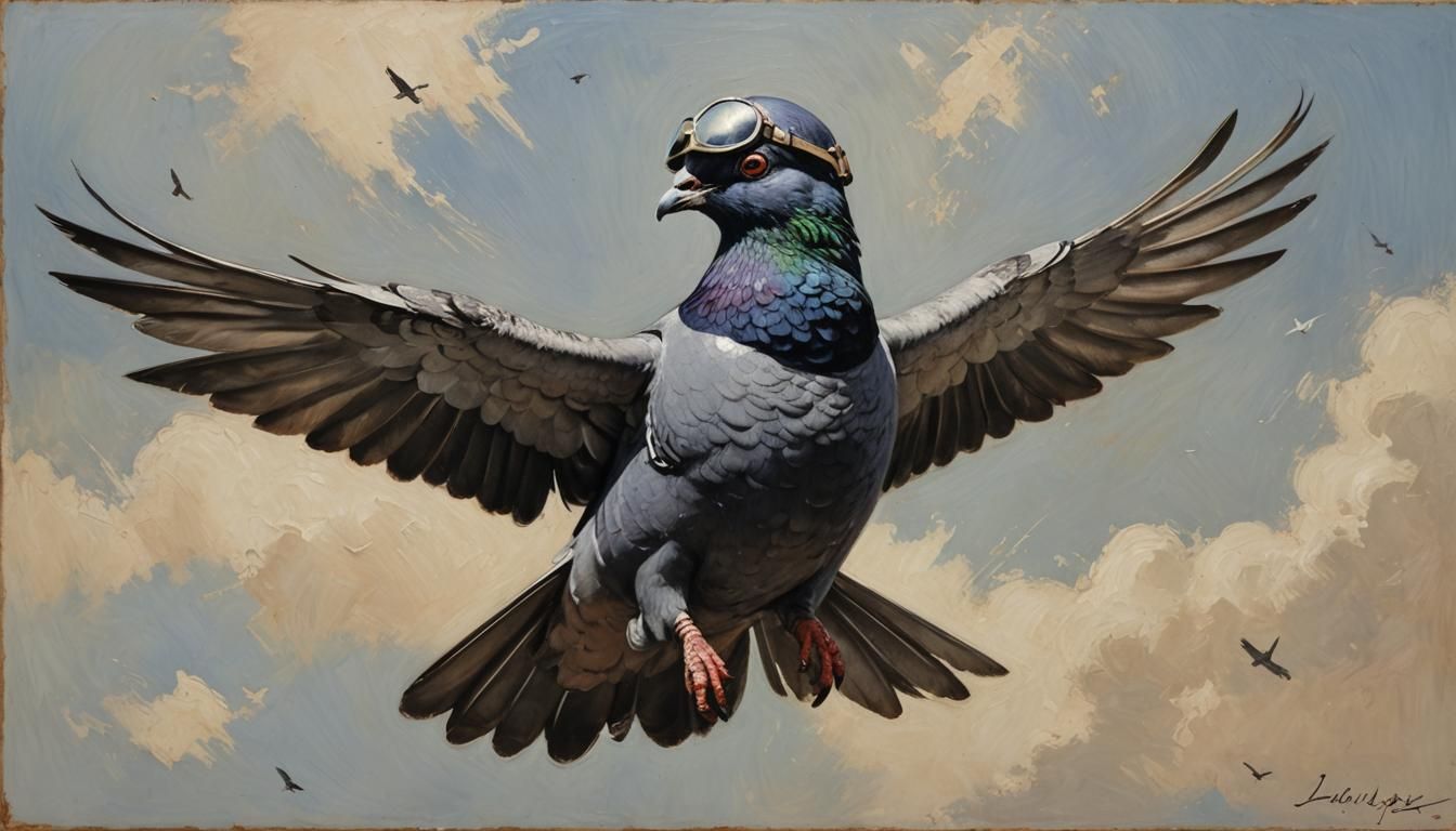 Pigeon Aviator in Flight: An Oil Painting