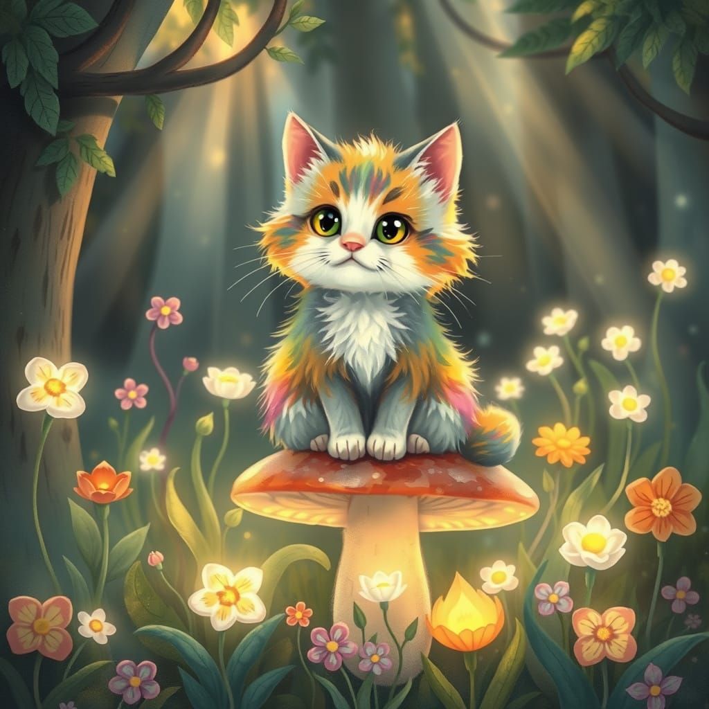Rainbow Cat on Mushroom in Bioluminescent Forest