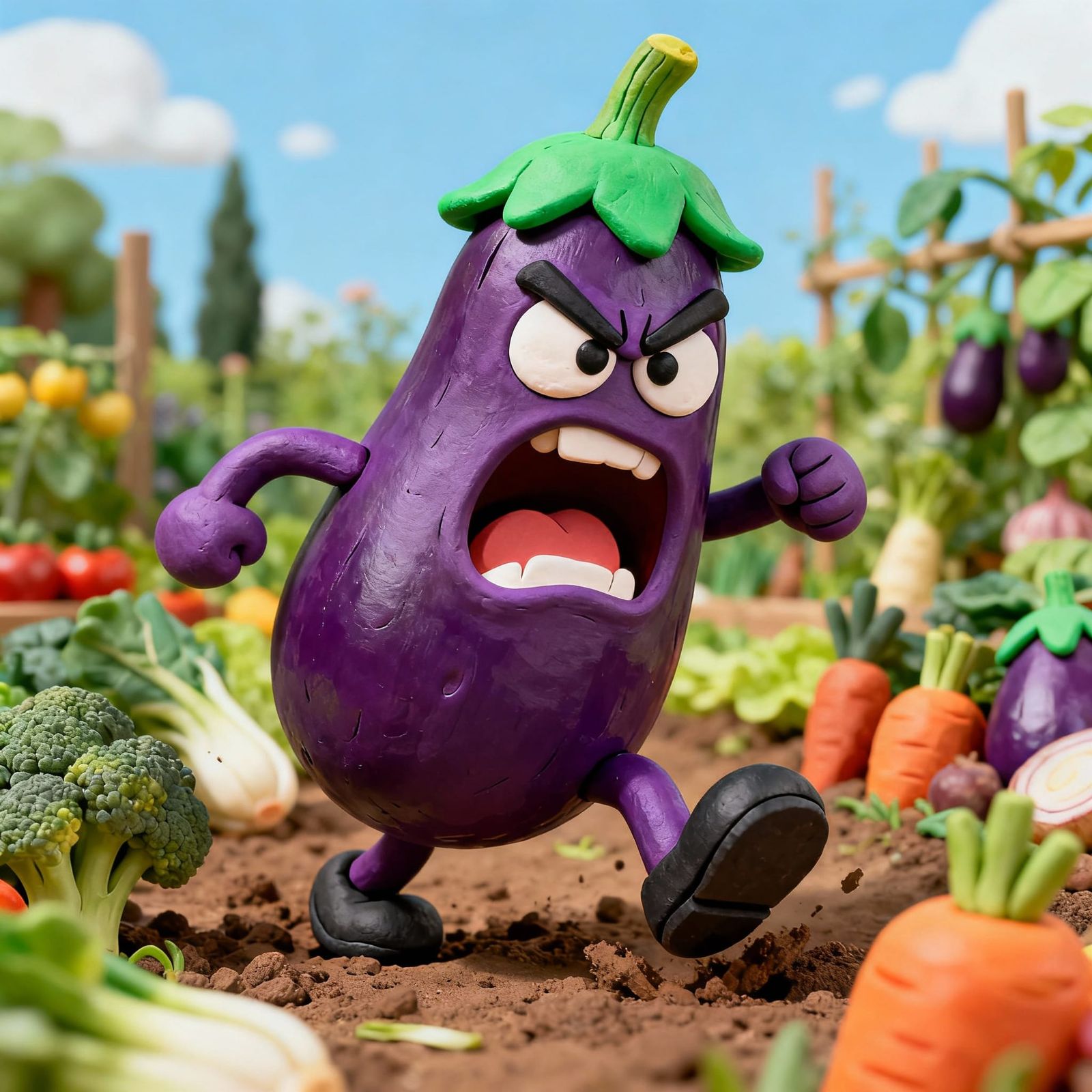 Angry Eggplant Caricature in Whimsical Garden