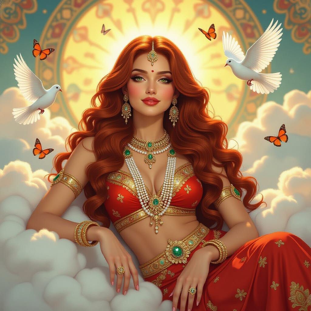 Redhead Goddess Rati Reclining Among Clouds