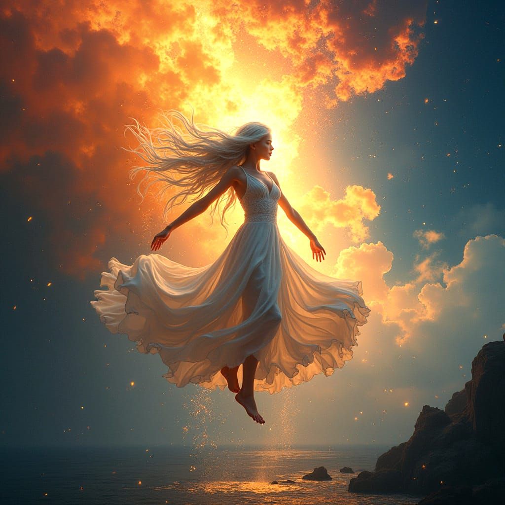 Girl Dancing in Fire Rain in Infinity Space