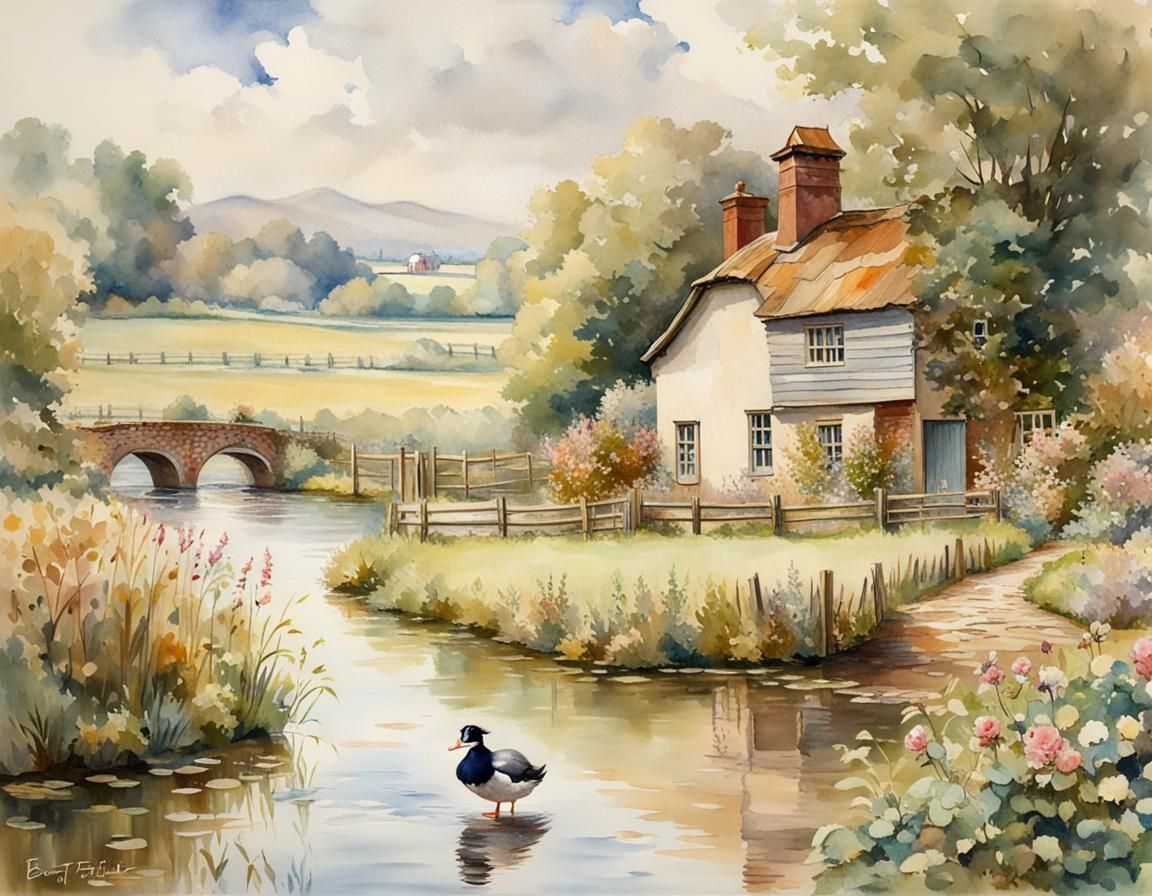 Jemima Puddle-Duck in Farm Landscape Watercolour