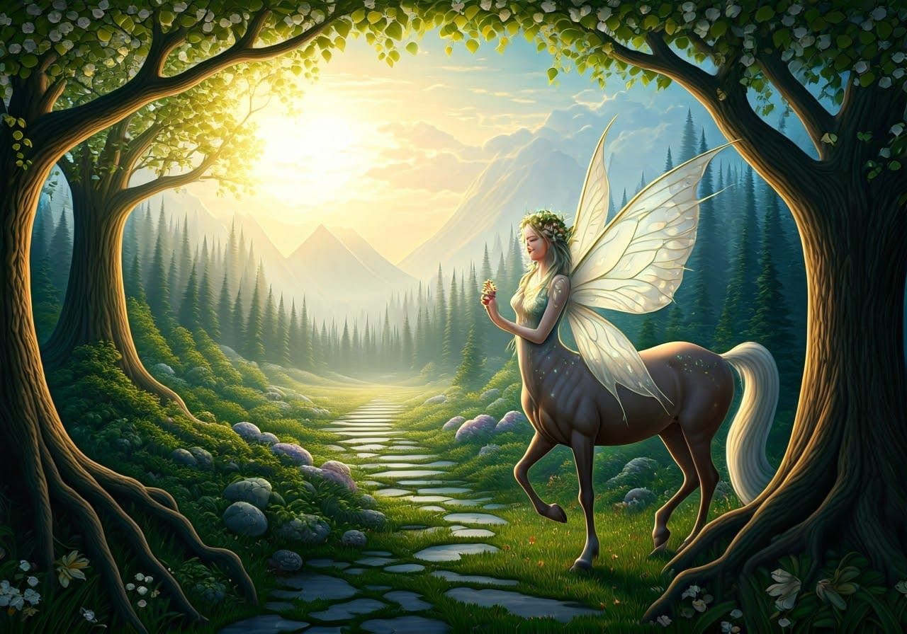 Mystical Realm with Fairies and Dragons in Symbolic Style