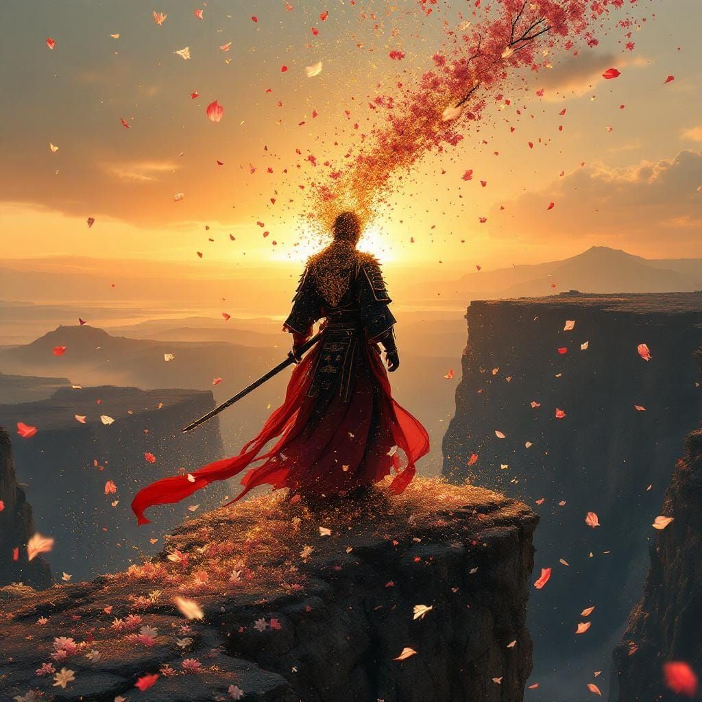 Samurai Dissolving at Cliff Edge in Surreal Illustration