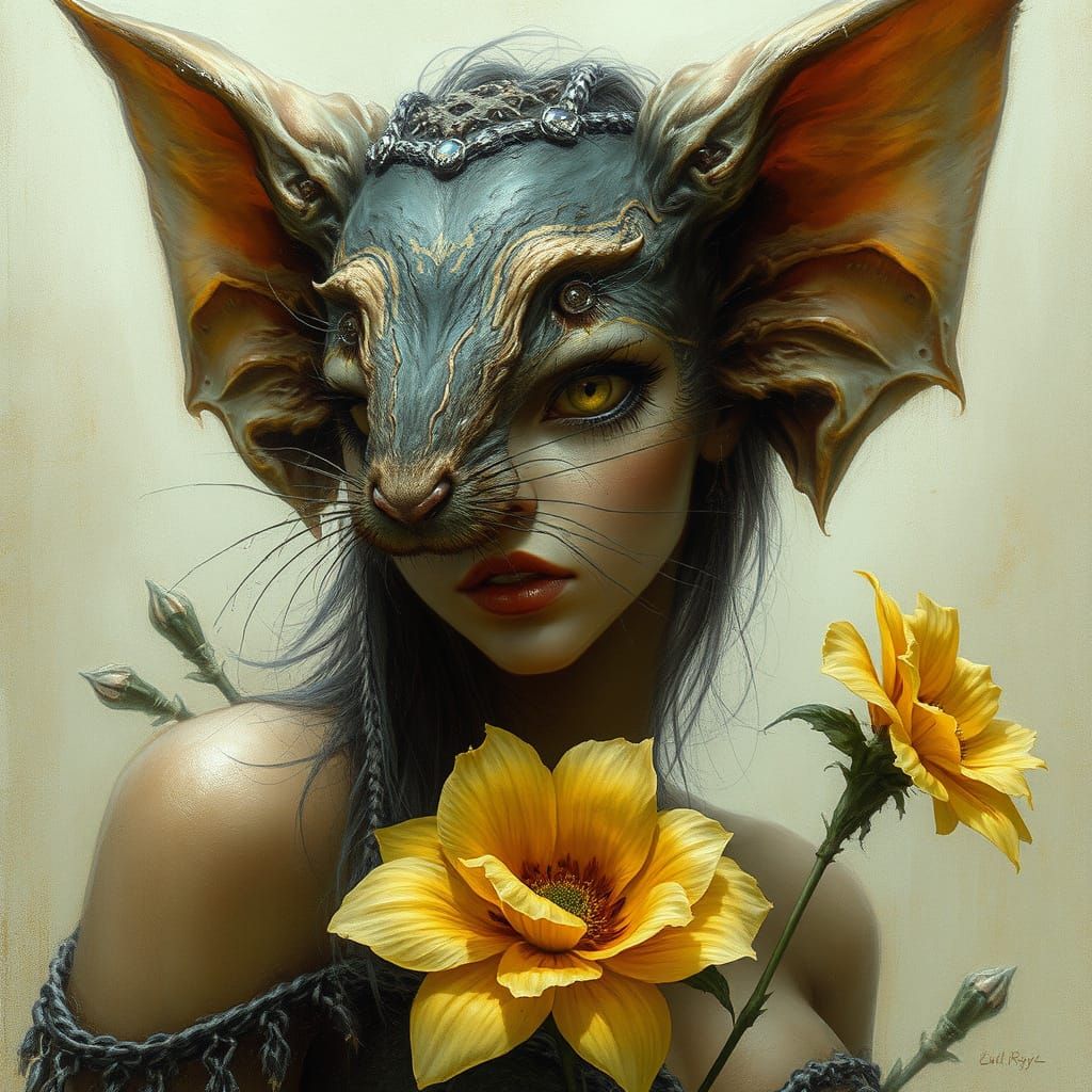 Mystical Female Wererat Temptress with Rat Face Flowers