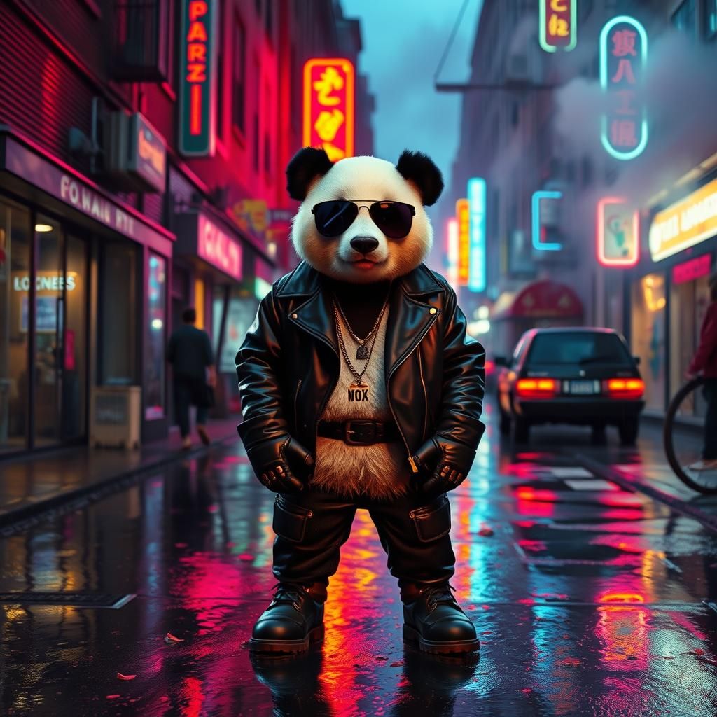Cyberpunk Panda in Detroit Cityscape at Dusk
