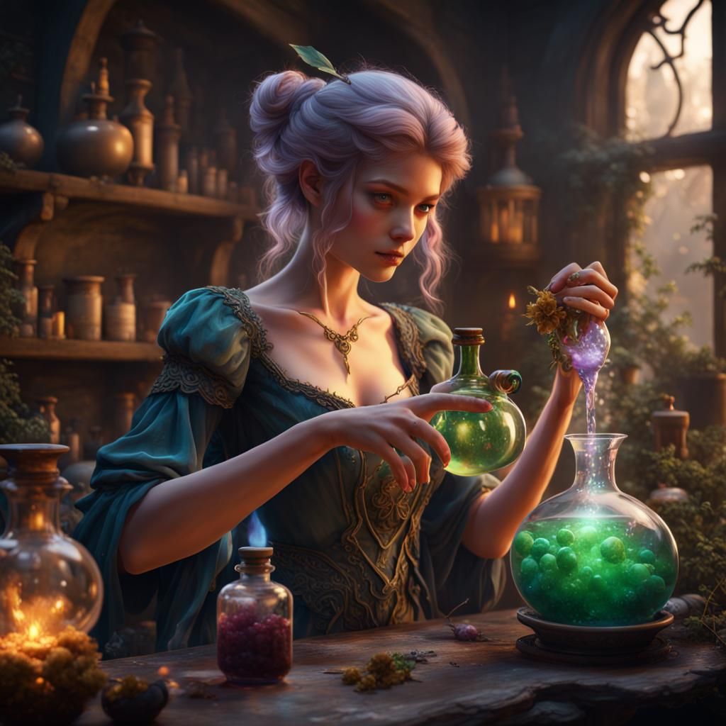 Enchanting Fairy Brews a Potion: Detailed Fantasy Art