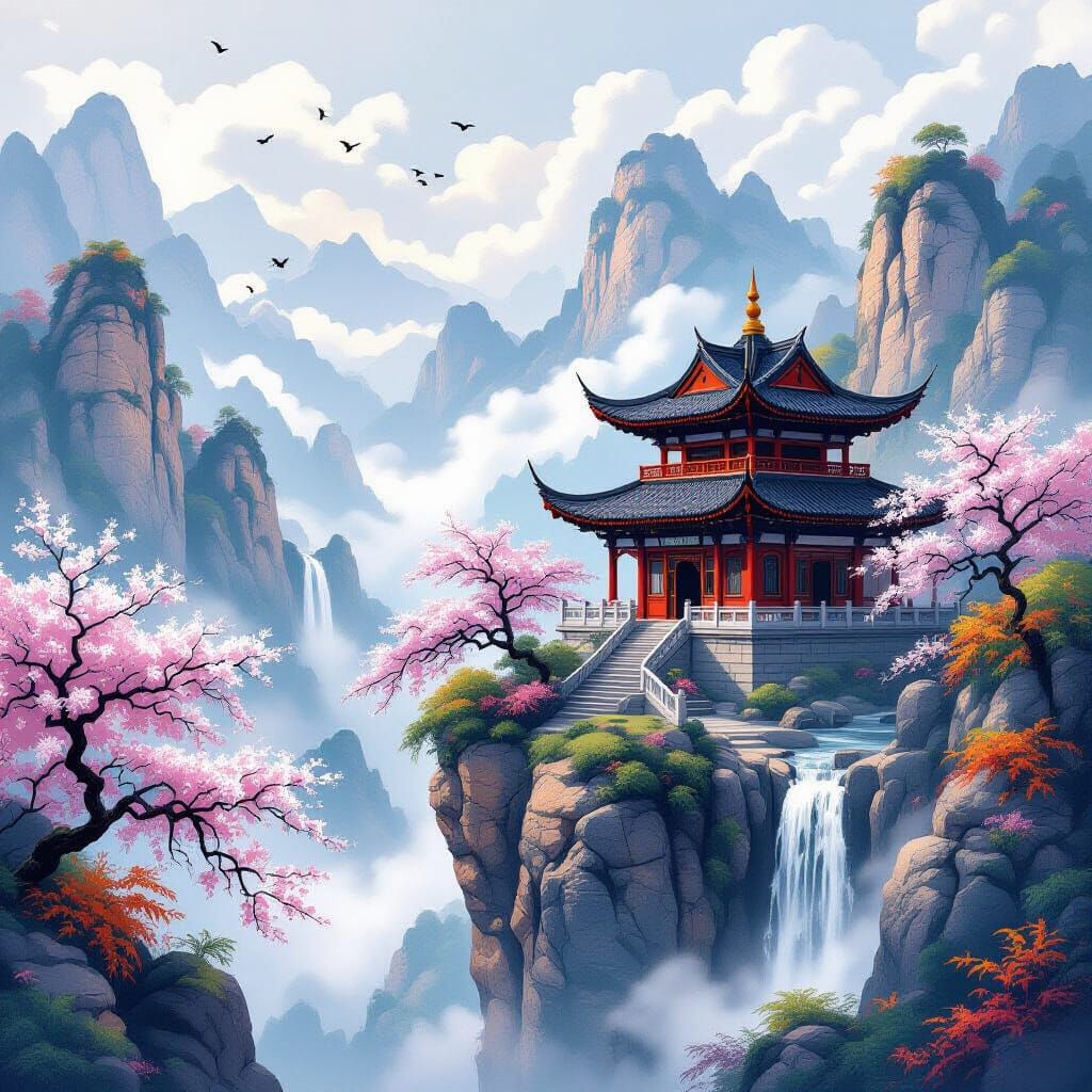 Mystical East Asian Temple on Cliffside in Cherry Blossom Se...
