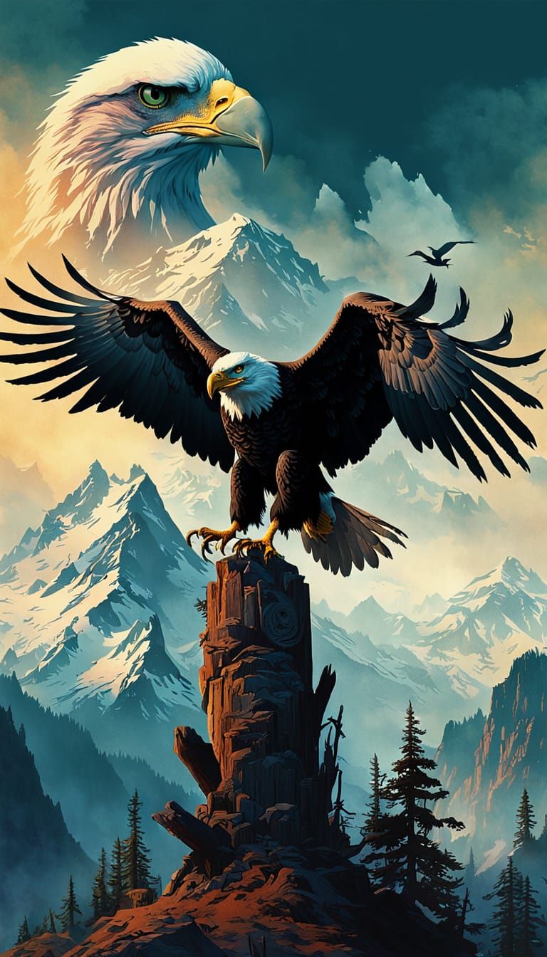 Whimsical Eagle Fantasy with Totem Poles