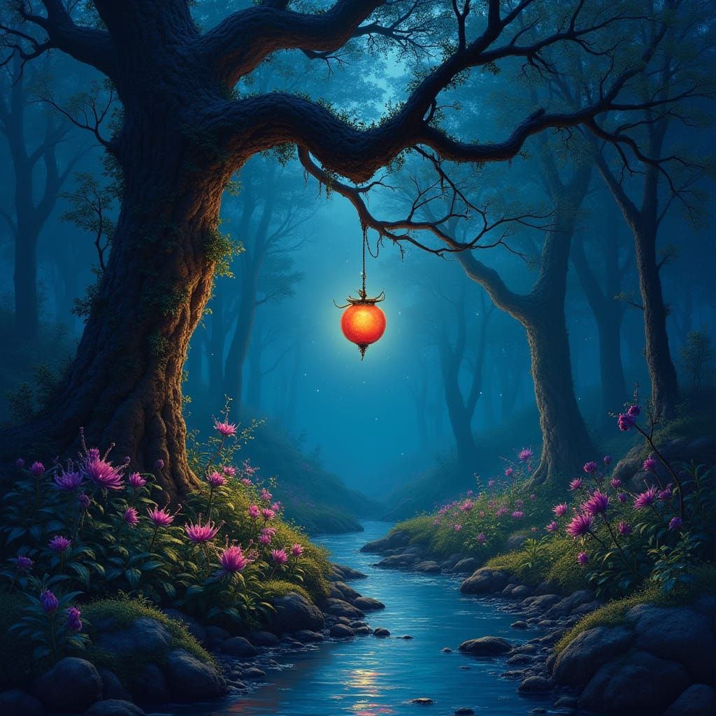 Magical Forest Clearing with Glowing Fruit at Twilight