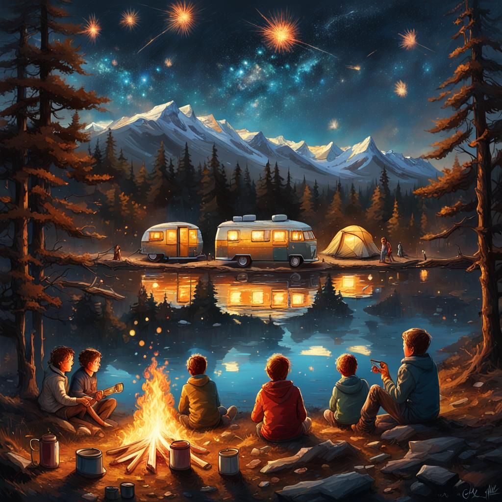 Starry Night Campfire Scene in Digital Art Style