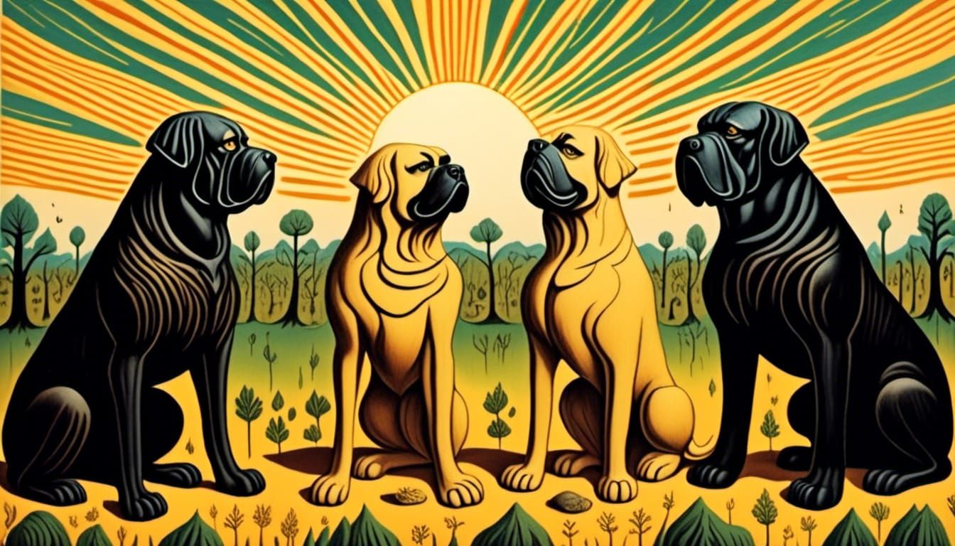 Two Majestic Mastiffs in Woodcut Style