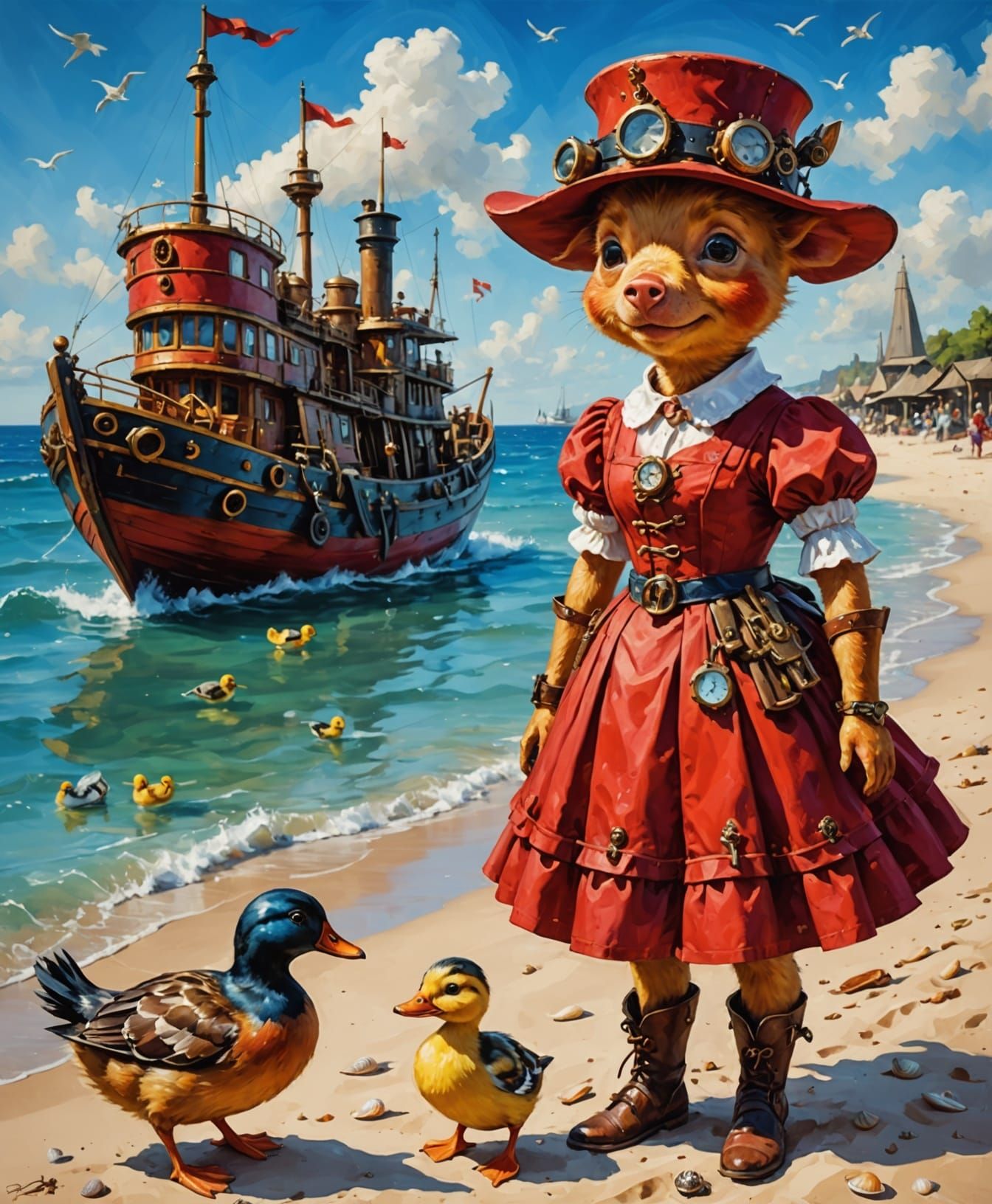 Steampunk Piglet Beach Scene in Oil on Canvas