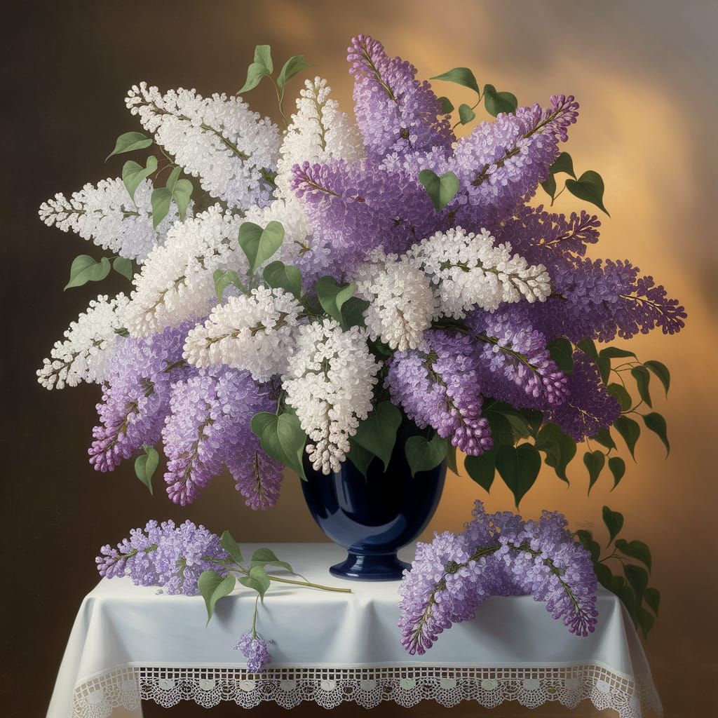 Lilac Bouquet in Gouache Style on Lace Tablecloth