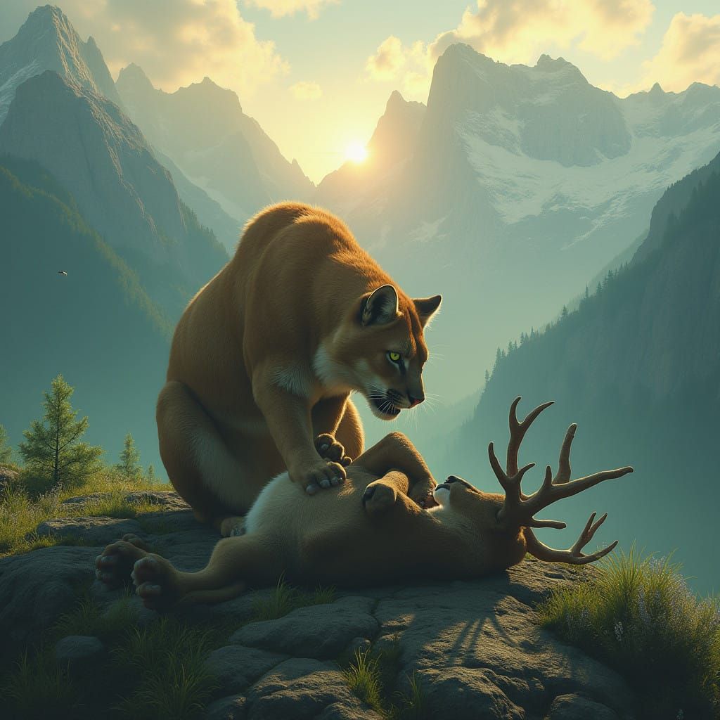 Majestic Mountain Lion in Hyper-Realistic High-Fantasy Lands...