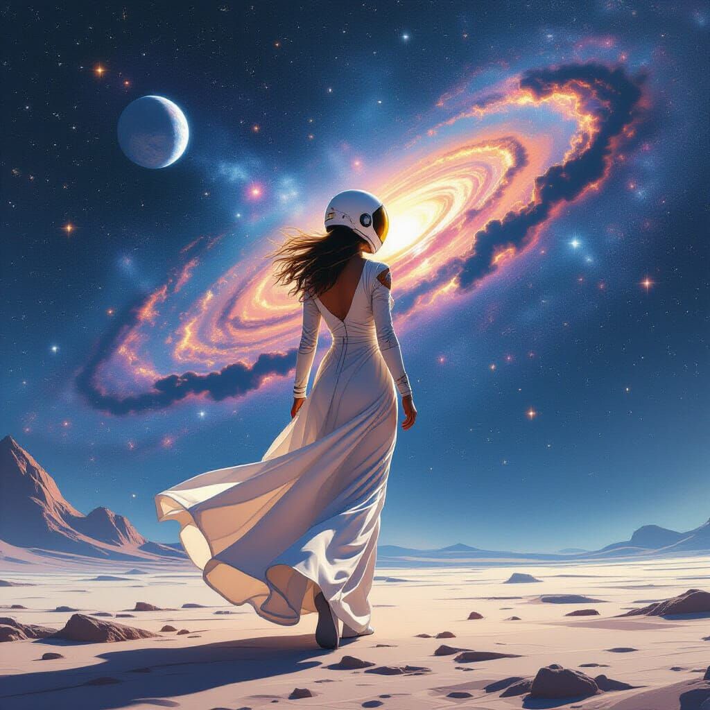 Astronaut in Long Dress on Alien Planet