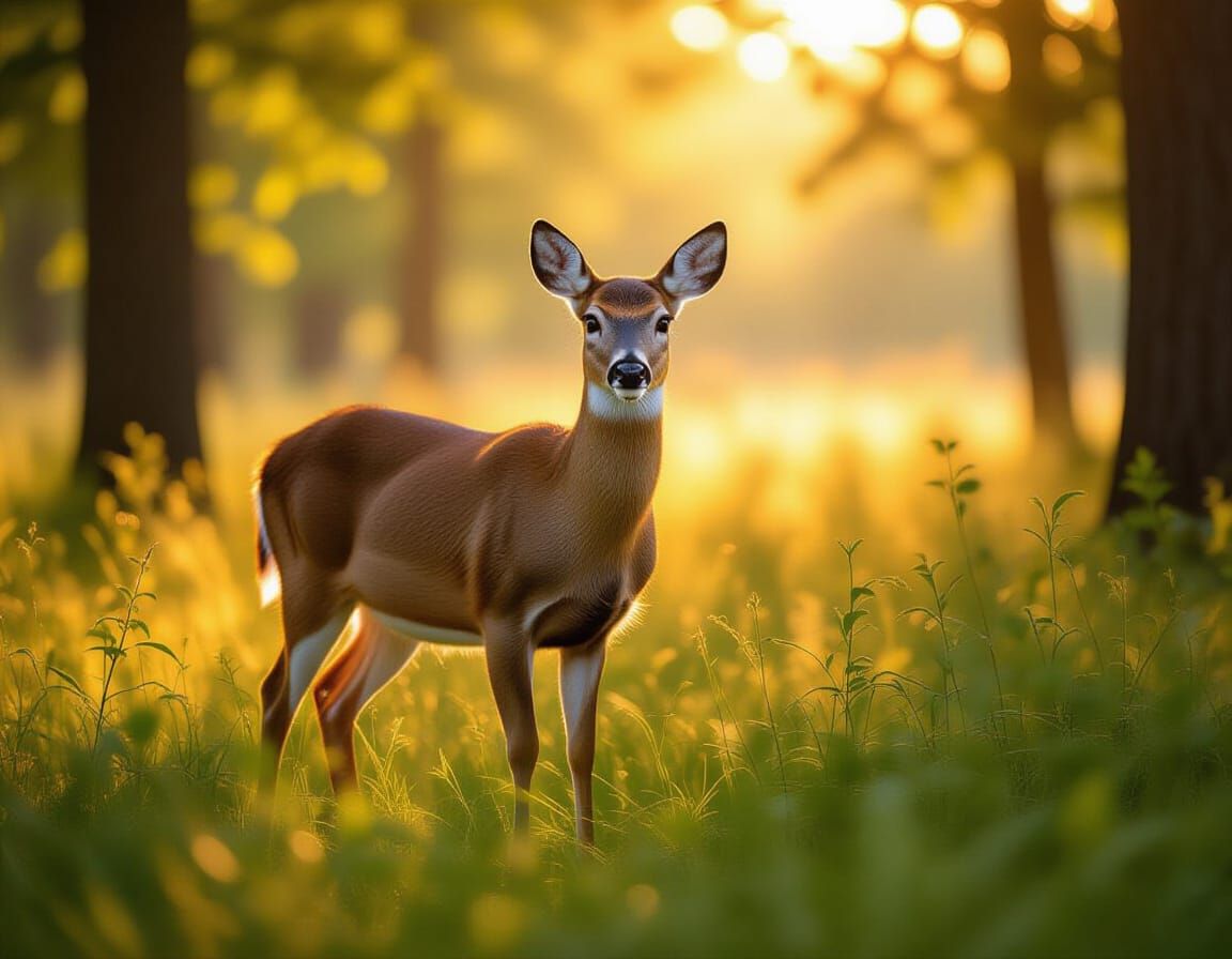 Vibrant Deer in Sunlit Forest Clearing