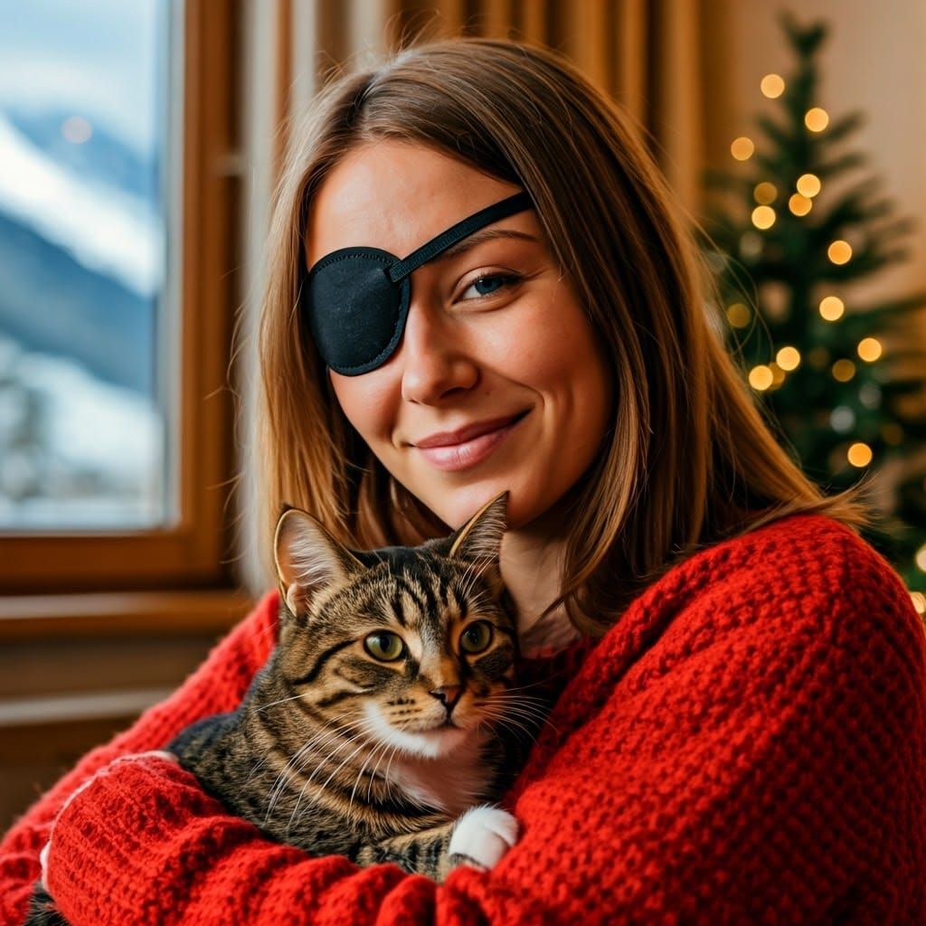 Woman with Eyepatch Hugging Cat in Cozy Home