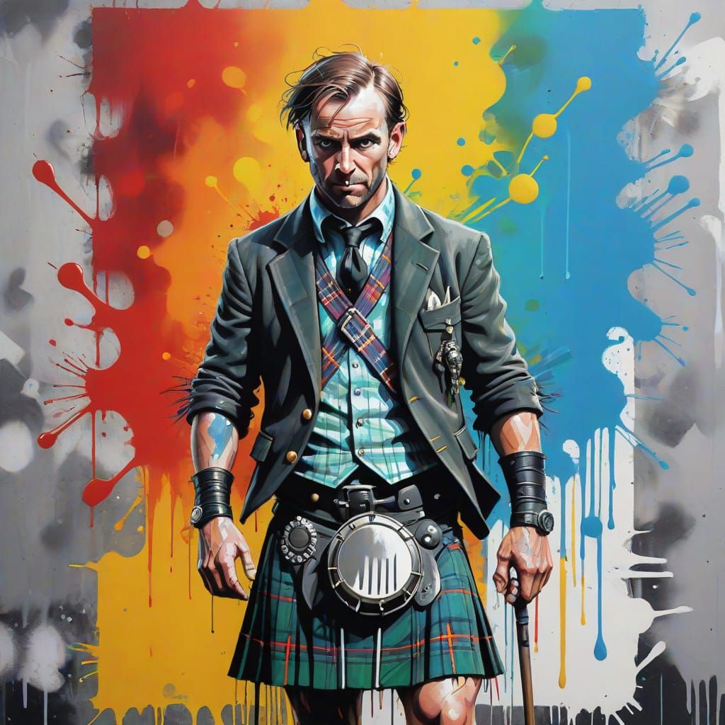 Vibrant Scotsman in Traditional Kilt amidst Colorful Street...