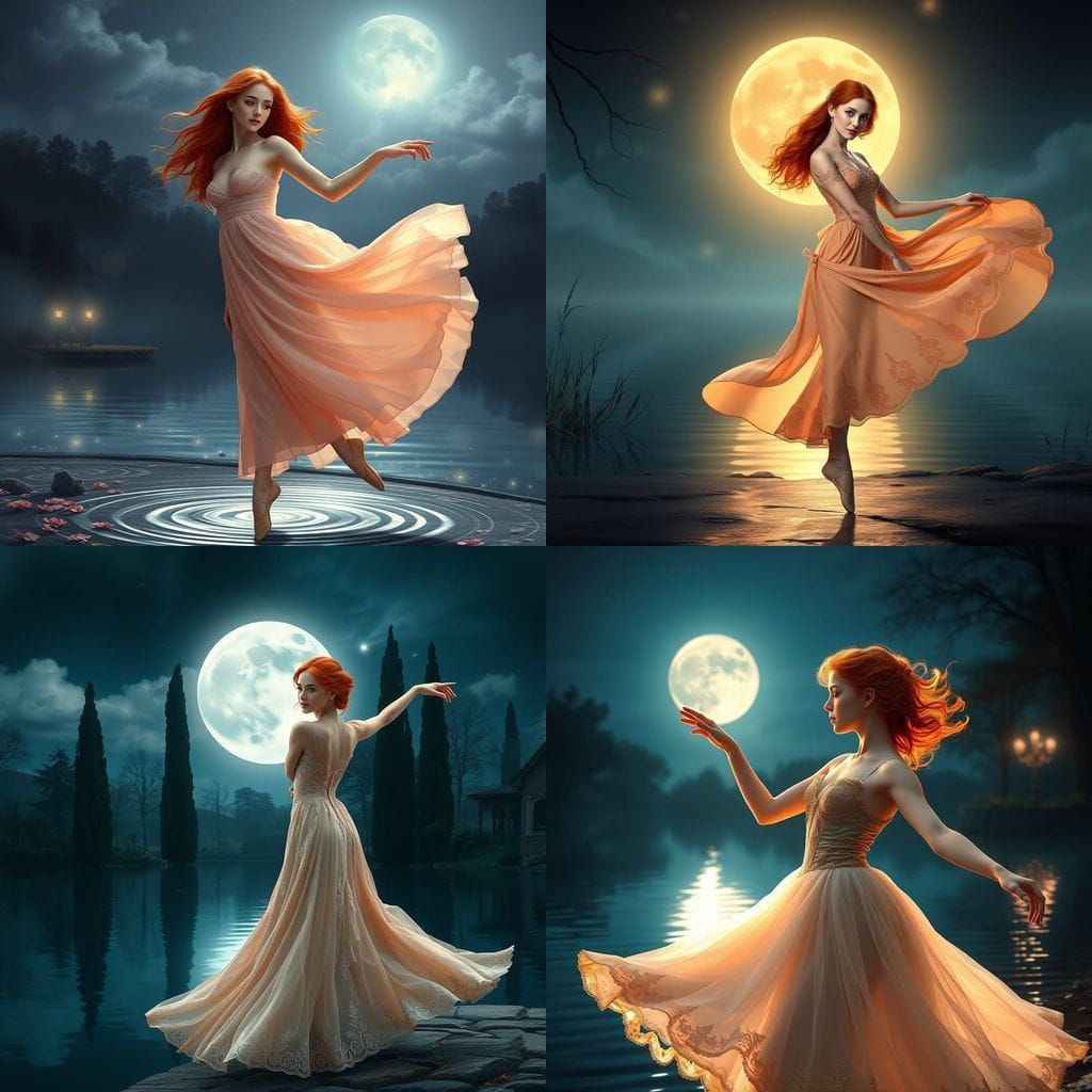 Elegant Red-Haired Ballerina Under Nighttime Moonlight