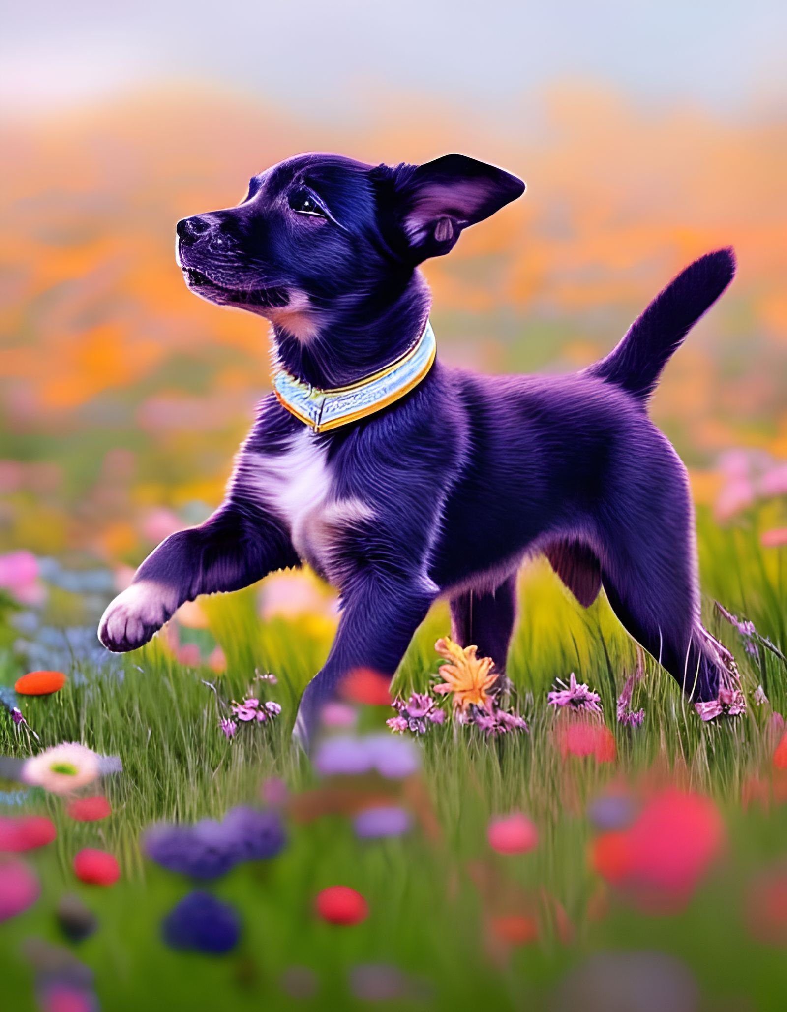 Hyperrealistic Puppy Playing in Flower Field