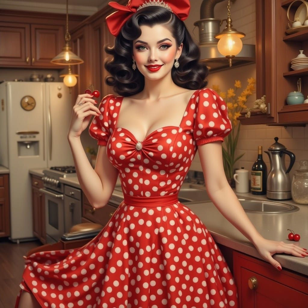 Vintage Pin-Up Girl in 1940s Style Kitchen