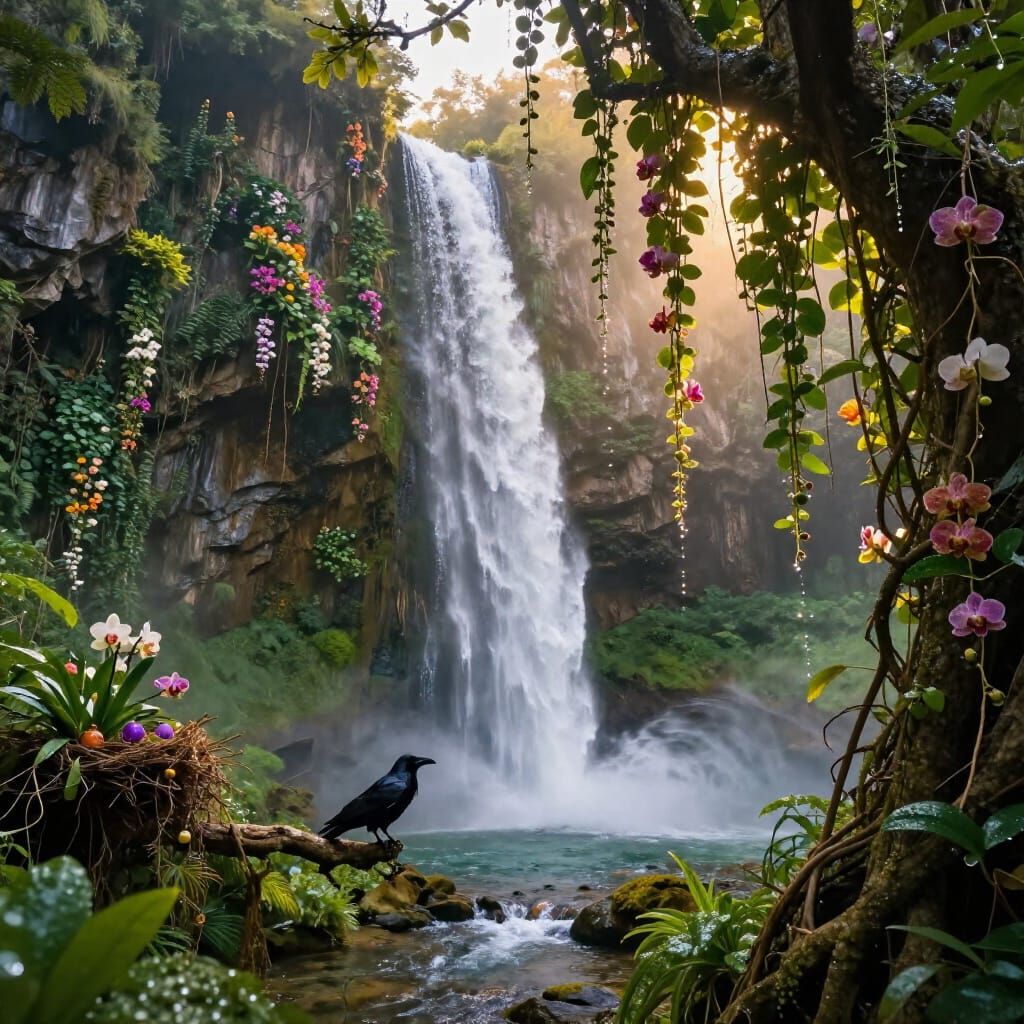 Majestic Waterfall Through Flowered Vines in Hyperrealistic ...