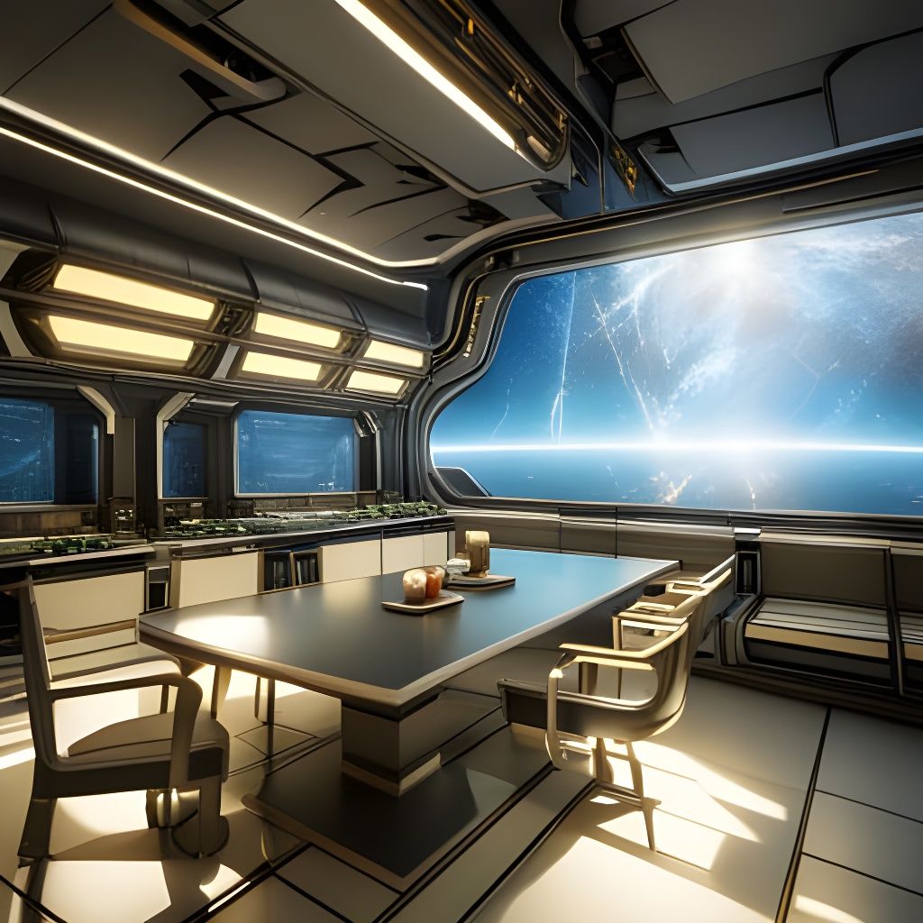 Futuristic Spaceship Dining Hall with Solar System View